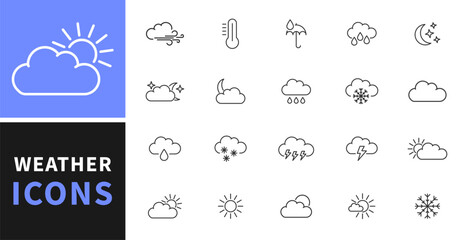 Weather forecast - thin line icons set. Vector, meteorological elements for web design, mobile applications.