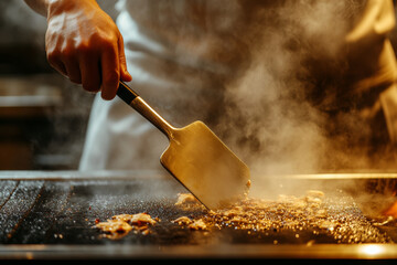 A chef uses a metal spatula to sear meat on a sizzling grill with steam rising in warm, golden lighting.