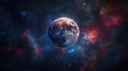 Fototapeta premium A Glowing Moon Surrounded by Colorful Nebula and Stars in the Vast Universe