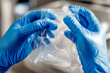 A pair of blue-gloved hands carefully holds a transparent sterile plastic pouch in a clinical setting.