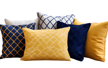 Set of yellow and blue pillows with geometric patterns, isolated on a transparent background