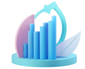 3D blue icon of a bar graph with an arrow pointing up, isolated on a transparent background