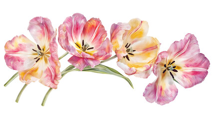 Fototapeta premium Four pink and yellow flowers are arranged in a row