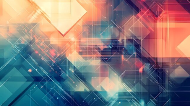 An abstract geometric background for World Intellectual Property Day, illustrating the concept of innovation protection through layered polygons, circuit lines, and creative symbols