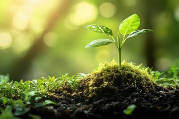 Small plant sprout growing in soil, with green leaves and mossy ground. Illustrates new beginnings, hope, growth, and environmental awareness.