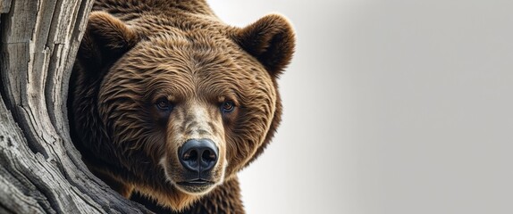 A tight shot of a bear's head emerging from a tree trunk.