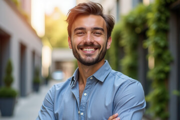 Fototapeta premium Portrait of a confident young entrepreneur smiling brightly while standing outdoors in a modern urban environment