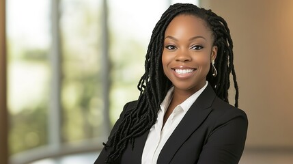 A confident Black businesswoman with long braids smiles radiantly, exuding success and empowerment against a softly blurred background.