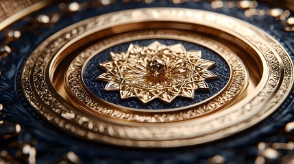 Ornate gold medallion, intricate detail, close-up view