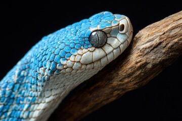 Close-up portrait of a blue snake on a branch with black background