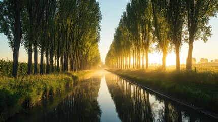 Obraz premium Scenic sunrise over a tranquil river bordered by poplar trees mirrored in water