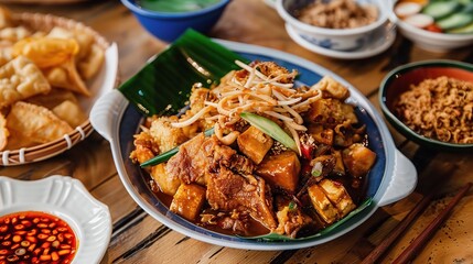 An enticing plate of Rojak is displayed. The Rojak is a vibrant and colorful salad that combines a variety of fresh ingredients. There are crunchy slices of cucumber, juicy pineapple chunks, crisp bea