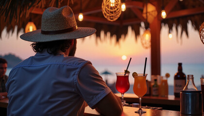 Contemplative man enjoying cocktails at beachfront bar, summer relaxation