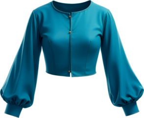 Teal blouse, balloon sleeves, buttons, transparent background..