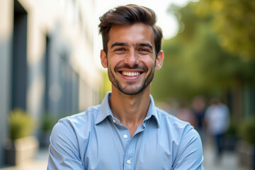 Obraz premium Portrait of a confident young entrepreneur smiling brightly while standing outdoors in a modern urban environment