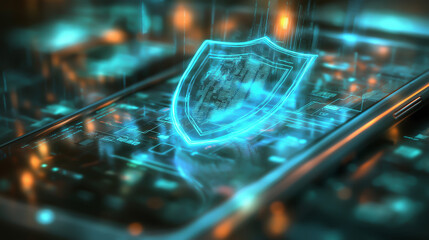 cyber security hologram shield smartphone, digital data protection encryption, technology firewall privacy defense, mobile internet online safety software, mobile-security secure-data encrypted.