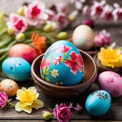 Obraz premium Colorful Easter eggs and blooming spring flowers in bright cheerful scene