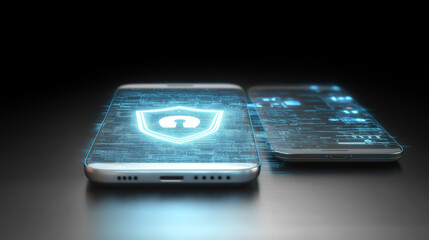 cyber security hologram shield smartphone, digital data protection encryption, technology firewall privacy defense, mobile internet online safety software, mobile-security secure-data encrypted.