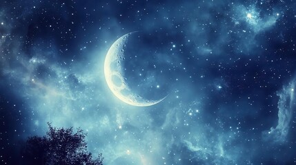 Enchanting Crescent Moon Illuminated Against A Starry Night Sky With Soft Clouds