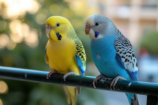 Two colorful parakeets perched on a railing, enjoying a sunny day.