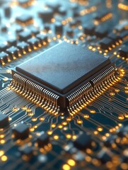 Close-up of a CPU on a circuit board.