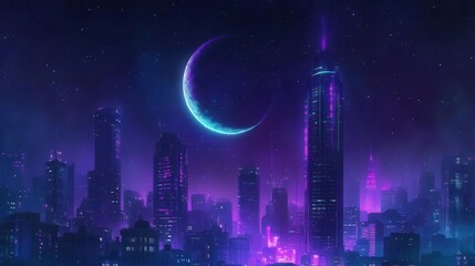 Futuristic City Skyline at Night with Neon Lights and a Crescent Moon in a Dreamy Atmosphere