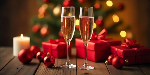 Festive Holiday Table Decor with Champagne, Ornaments, and Candlelight