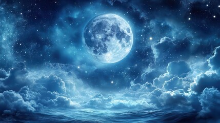 Enchanting Night Sky with Full Moon and Twinkling Stars Over a Calm Ocean and Soft Clouds