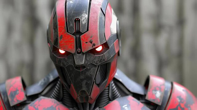 Futuristic Red Robot, Close-Up of Cybernetic Warrior Head with Glowing Eyes, Science Fiction Character Concept Motion Picture, Futuristic Soldier Footage.