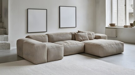 Sophisticated Modern Sofa in a Minimalist Living Room with Neutral Colors and Textured Fabrics