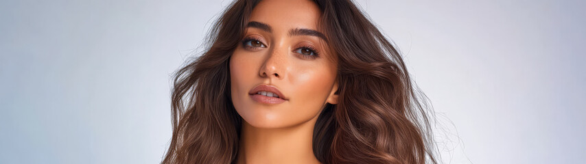 Fototapeta premium Young woman with flowing hair poses confidently against a soft backdrop