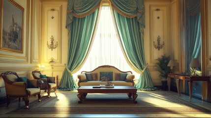 Fototapeta premium A luxurious living room with golden yellow walls, jade green curtains, and a reddish-brown wooden coffee table, bathed in soft natural light.