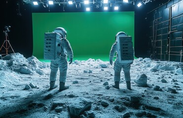 Two astronauts in space suits stand on a simulated lunar surface in a film studio.