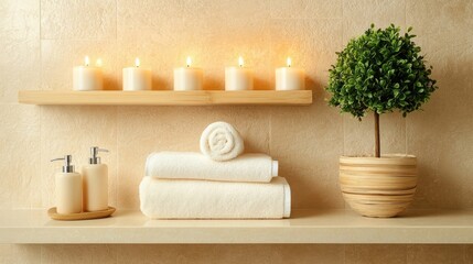A luxurious spa bathroom with bamboo shelving, scented candles, and a small potted ficus tree.