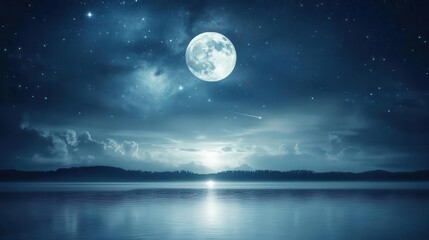Glowing Full Moon Over Calm Ocean at Night with Starry Sky and Reflective Water Surface