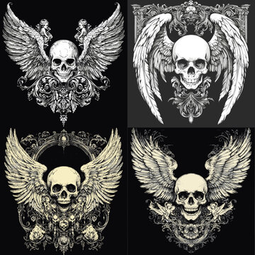 Intricate gothic skull illustrations with angel wings and baroque elements. Ideal for tattoo art, dark fantasy, metal designs, horror visuals, and detailed emblem-style artwork.

