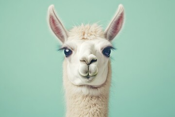 Obraz premium Close-up portrait photo of an adult cream-colored llama with long lashes, against a muted forest green background