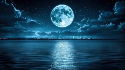 Illuminated Full Moon Over Calm Waters with City Skyline and Cloudy Night Sky