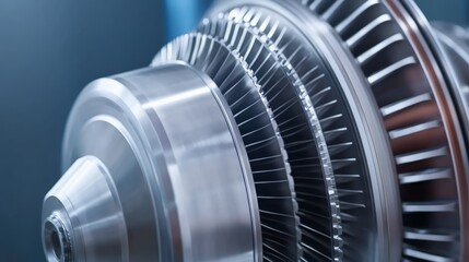 High detail shot of a gas turbine engine showcasing intricate design and engineering in a modern industrial environment