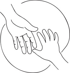 Hands holding each other in a circle. Black and white vector illustration.