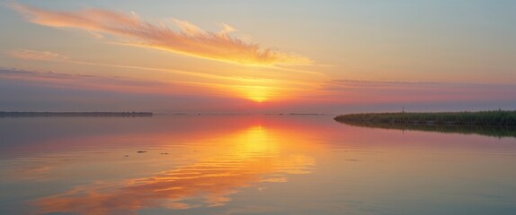 Obraz premium Golden Sunset Reflecting On Calm Lake Water.