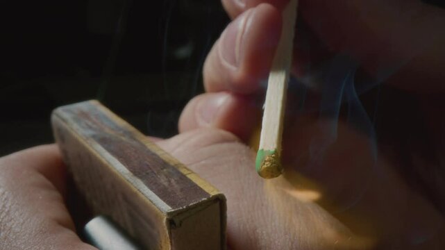 Hands lights a match with a green sulfur head, slow motion. Strikes a match on the side of the box. Smoke and fire appear. The flame ignites. The match lights up, burns and goes out. Super macro shot