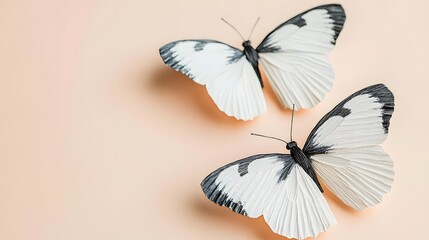 Obraz premium Two Elegant White and Black Butterflies with Delicate Wings on a Soft Peach Background