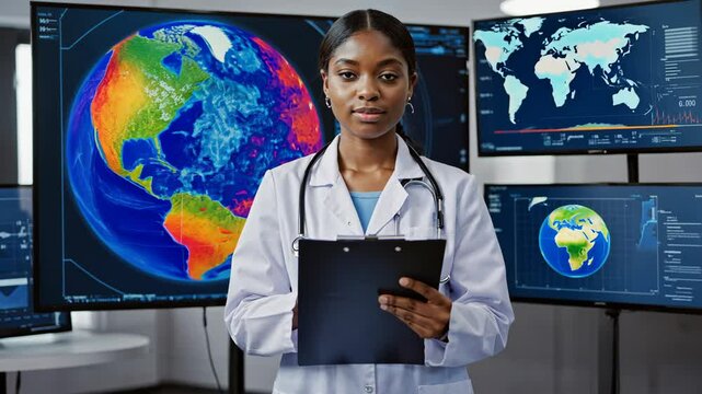 Female scientist monitoring global climate data in a digital lab, environmental awareness, sustainability, earth day, science and technology
