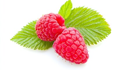 Fresh Ripe Raspberries With Green Leaves Isolated On White Background