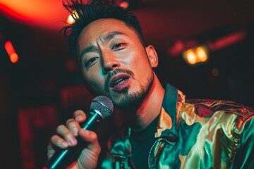 
Portrait photo of a 40-year-old East Asian man with a subtle smirk and glassy eyes, in a state of inebriation, standing in a karaoke booth with a microphone in hand

