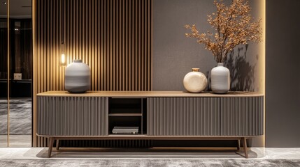 A modern hallway console featuring a pair of matching porcelain vases, subtly complementing the decor.