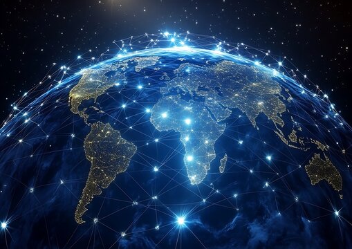A digitally connected earth globe in a vast starry space