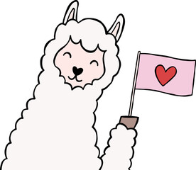 Cute Alpaca Llama Loves Win Heart Flag Character Cartoon Valentine Element