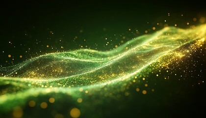 Abstract image showing flowing particle waves of green and gold colors